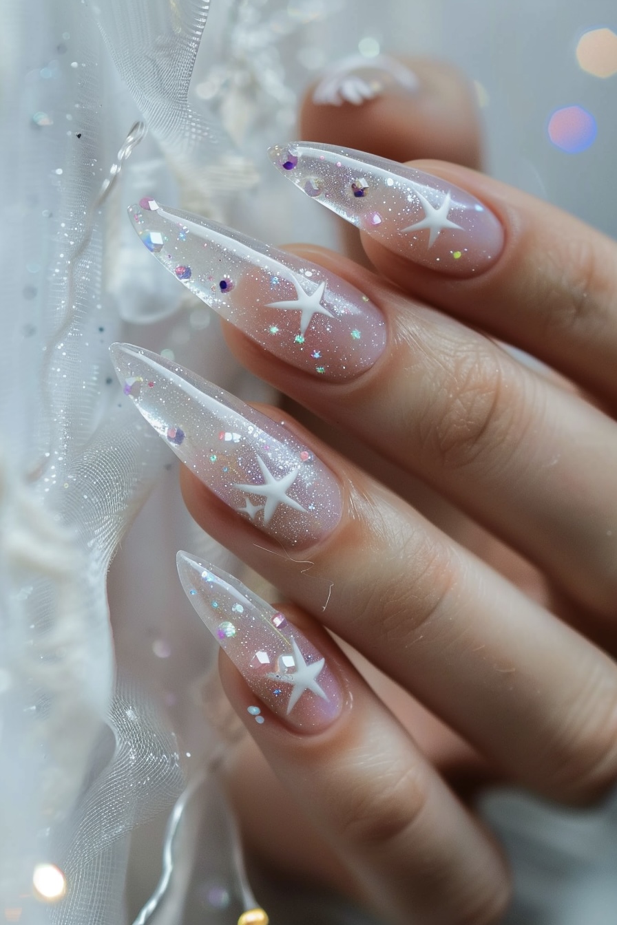 These nails enchant with a whimsical touch, featuring a sheer pink base that graduates into a frost of glitter towards the tips. Embellished with white stars and colorful sparkles, they capture the gentle allure of a winter's twilight, twinkling softly with every gesture.