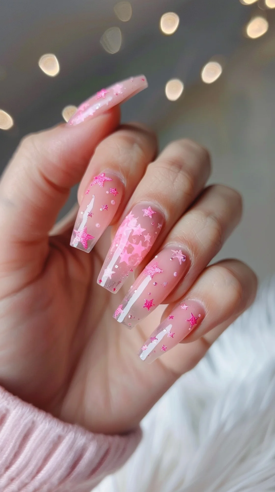 This nail art features a magical gradient from clear to pink with various-sized sparkling stars cascading down each nail. Some stars are detailed and sharp, while others appear as dreamy silhouettes, creating a celestial night sky illusion. It's a whimsical, enchanting design that twinkles with each movement.