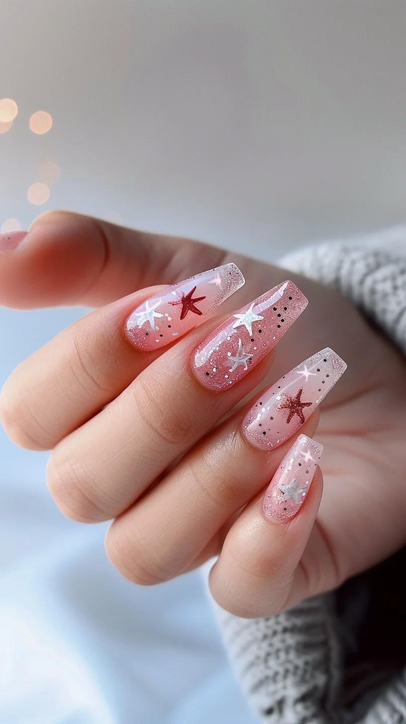 These nails offer a cosmic ballet of pink hues with a translucent jelly finish. Sparkling glitters act like distant stars, while the white and maroon star decals serve as focal constellations, giving a 3D effect that's both playful and sophisticated.