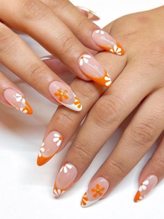 Orange Nails - Floral Nails