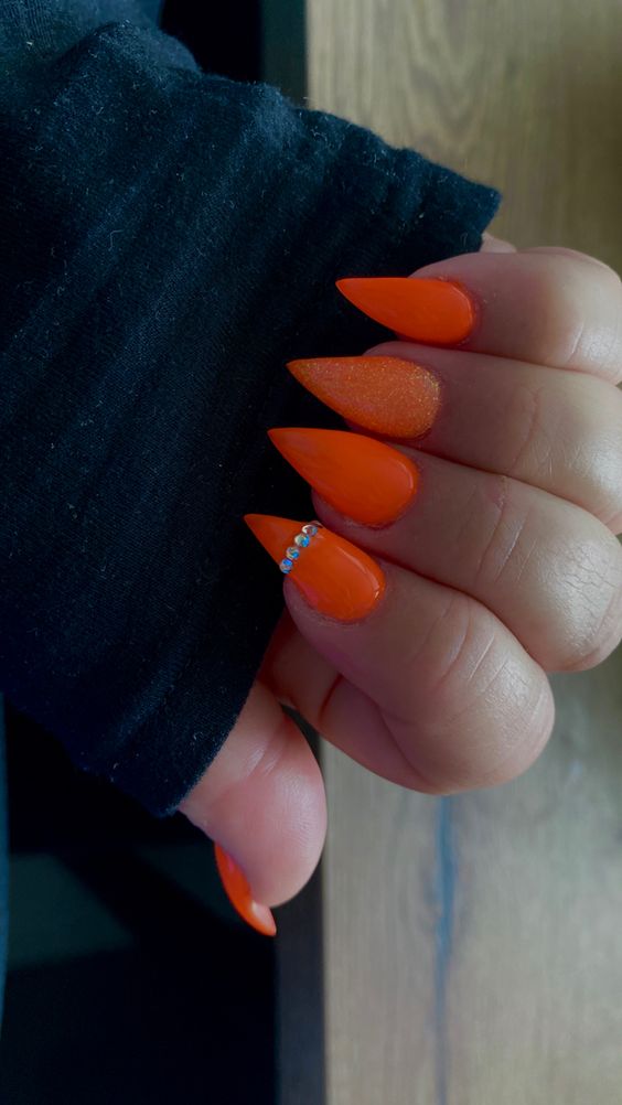 Orange Nail - Neon orange nails with glitter and diamonds