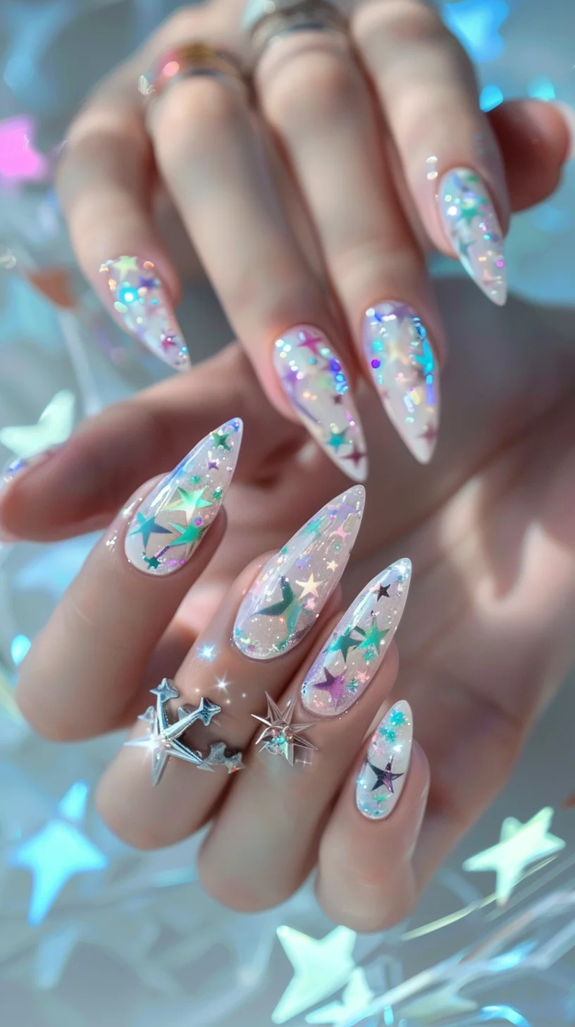 These stiletto nails are a galactic dream, with a clear base infused with iridescent glitters and holographic stars, creating a multi-dimensional space effect. The varying sizes and colors of the stars offer a dynamic and sparkling universe at the fingertips.