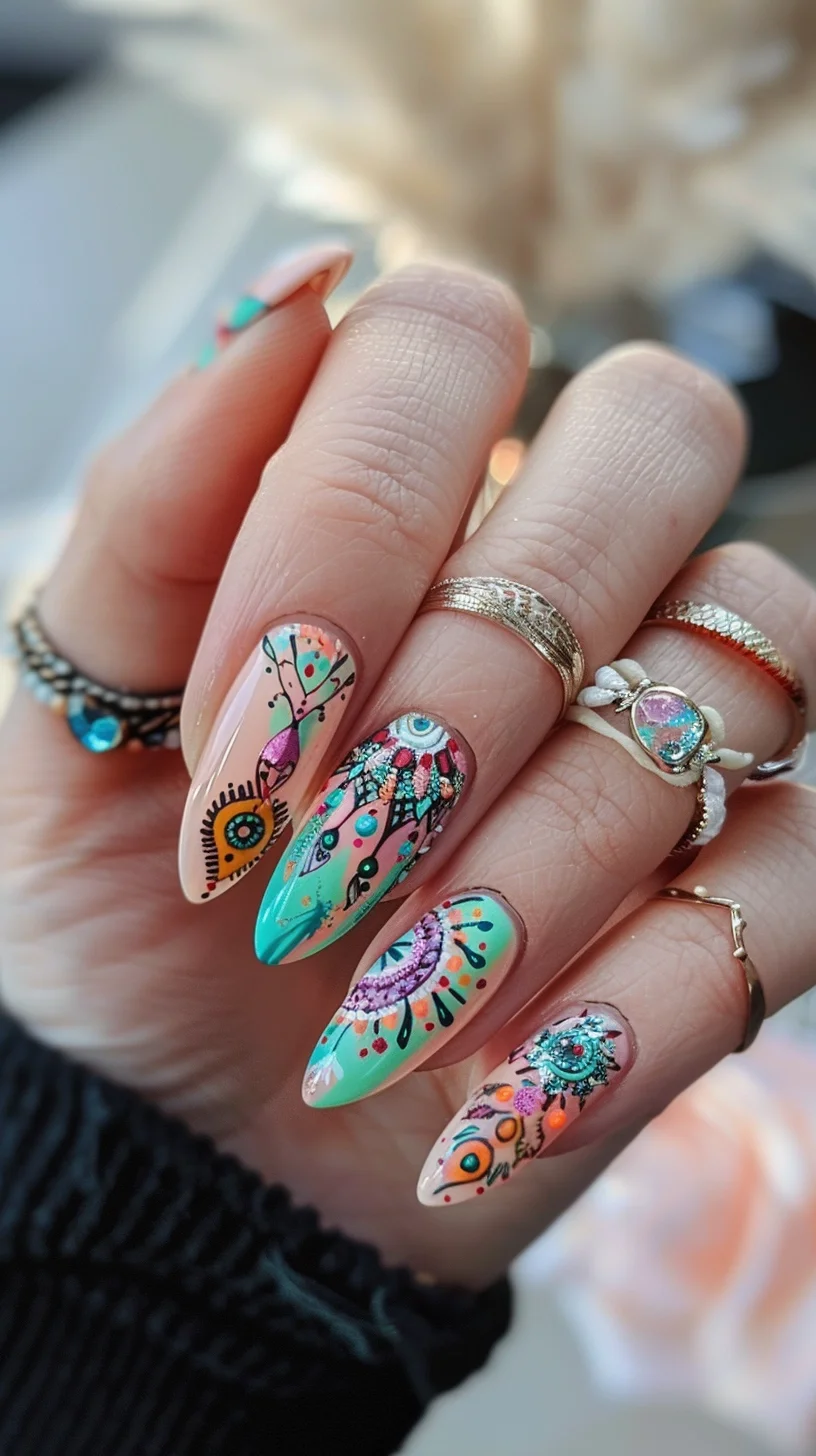 Pastel pink and turquoise nails with boho-chic designs, featuring intricate black linework, bursts of orange and purple, and eye motifs, all accented with delicate white dots for a whimsical touch.