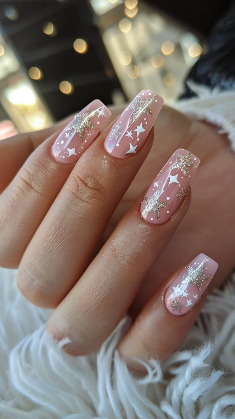 These nails present a serene night sky with a soft pink base. The use of white stars in various sizes and golden glitter accents evoke a gentle cosmic dusting. The thoughtful placement of the stars gives an elegant yet dreamy nightscape appearance.