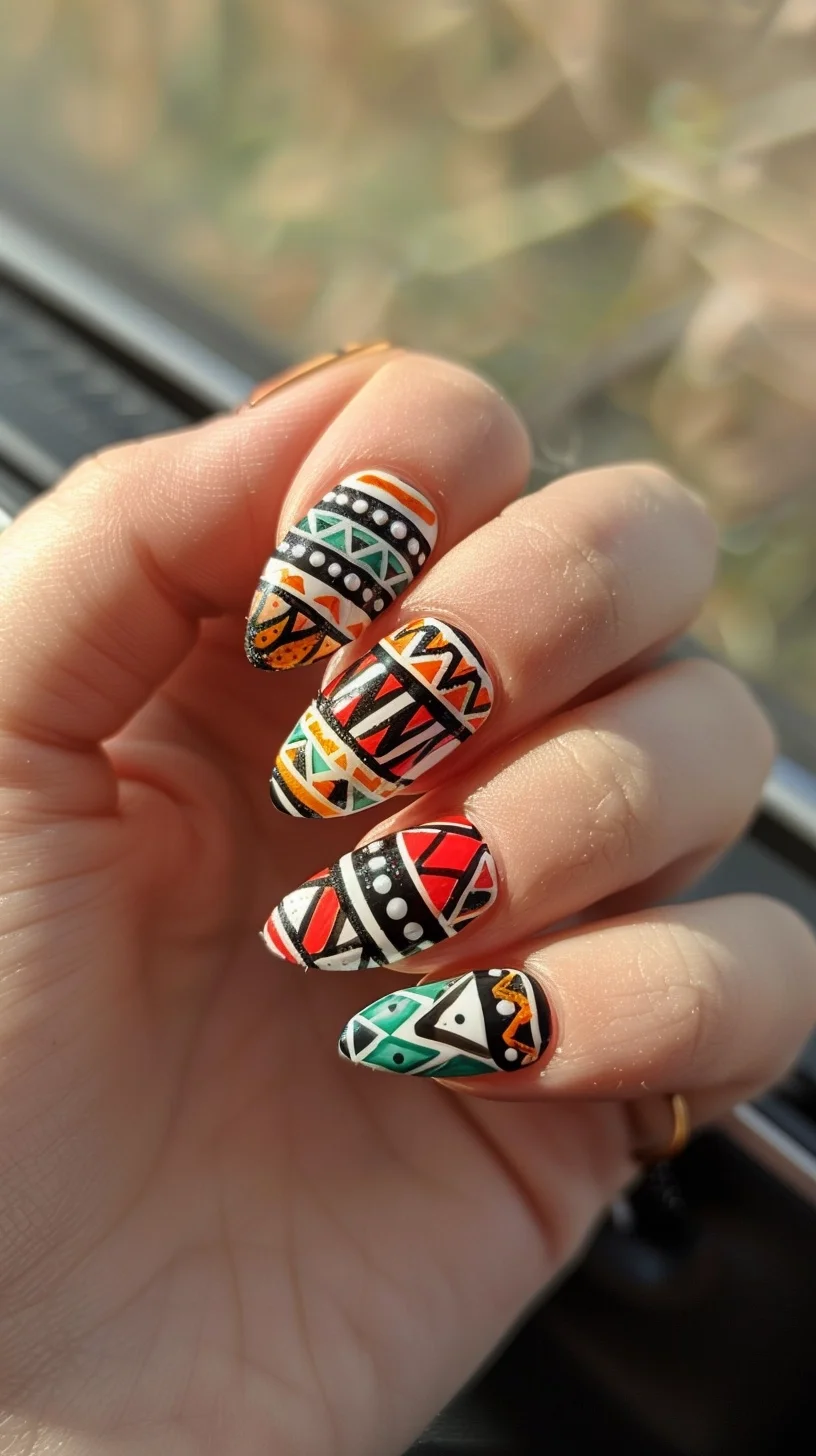 Bold geometric patterns in black, white, orange, and green dominate these nails, interspersed with tribal motifs and detailed designs, creating a striking bohemian look with a modern twist.