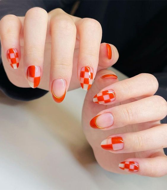 Orange Nails - Checkered Nails