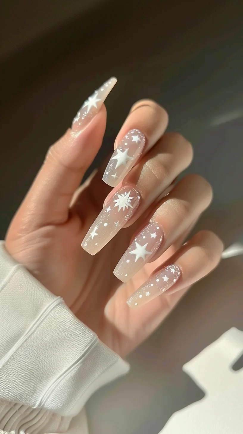 These nails present a serene night sky with a soft pink base. The use of white stars in various sizes and golden glitter accents evoke a gentle cosmic dusting. The thoughtful placement of the stars gives an elegant yet dreamy nightscape appearance.