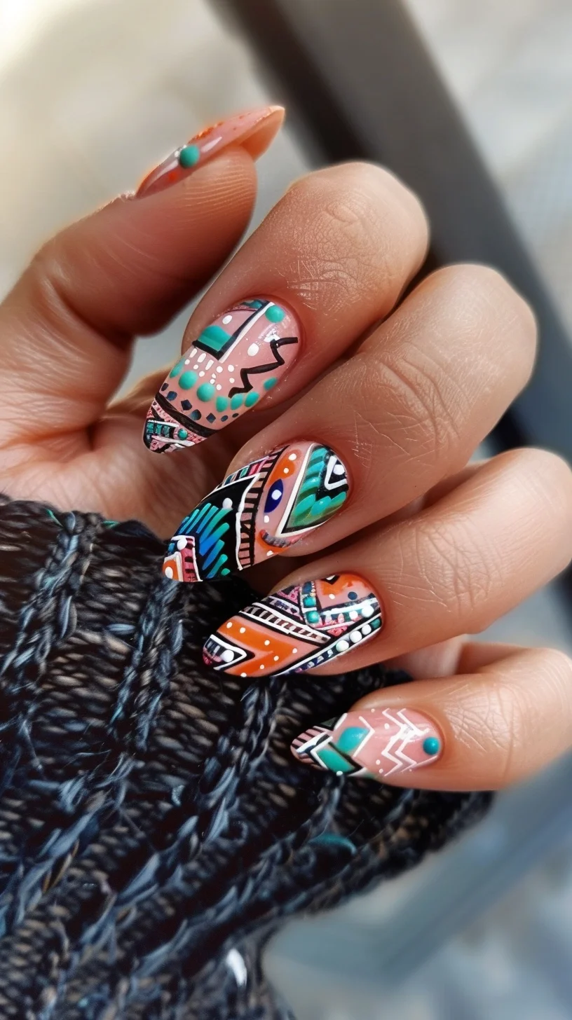 A playful array of bohemian patterns in teal, pink, orange, and black, with pops of white dots and turquoise accents, each nail showcasing a unique segment of a harmonious, colorful mosaic.