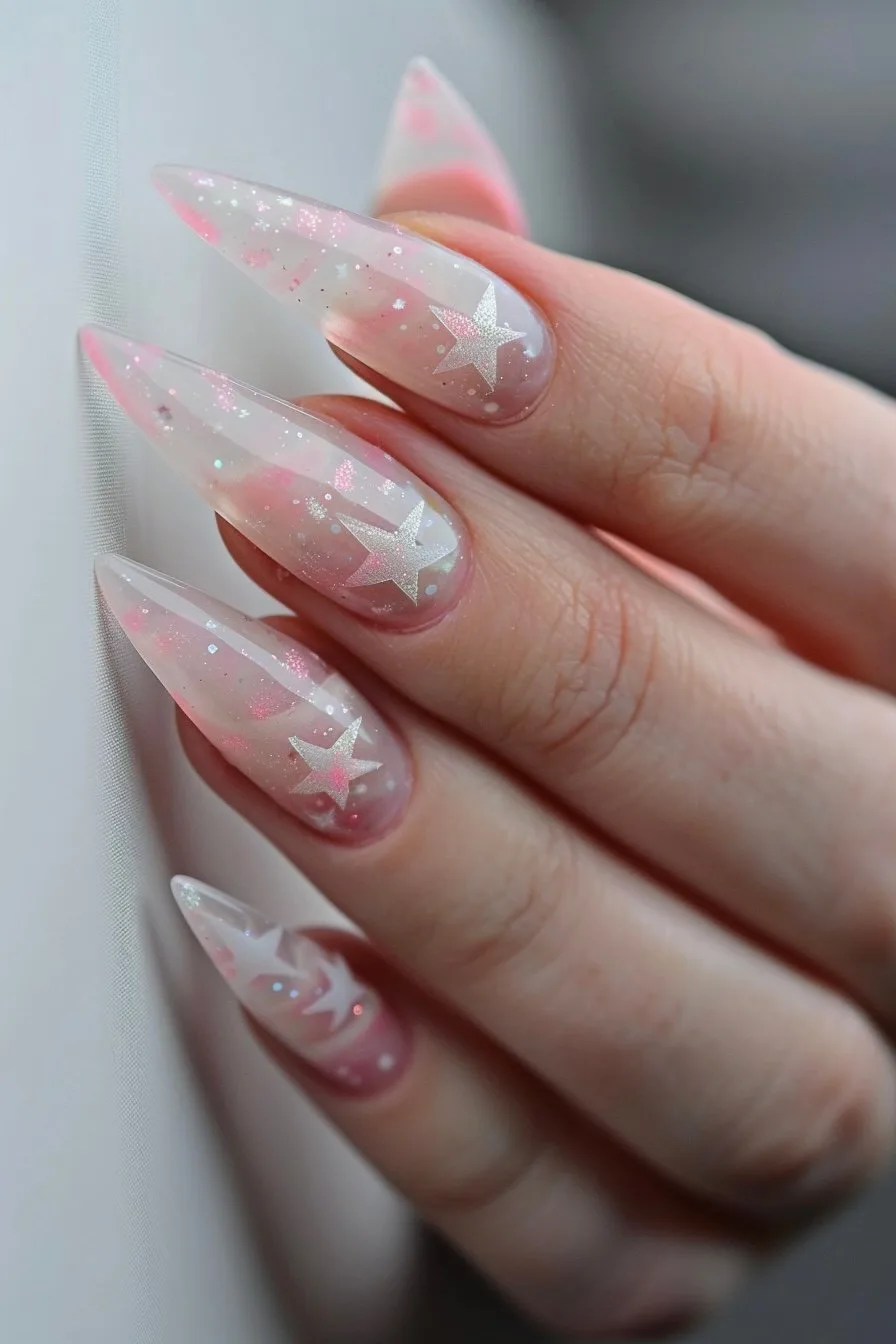 The nails have a stiletto shape with a dreamy pink and white design, reminiscent of a soft morning sky. The stars, applied in varying sizes and a shimmering finish, create an illusion of depth, as if looking into a far-off galaxy. Delicate sparkles give a finish like the first frost.