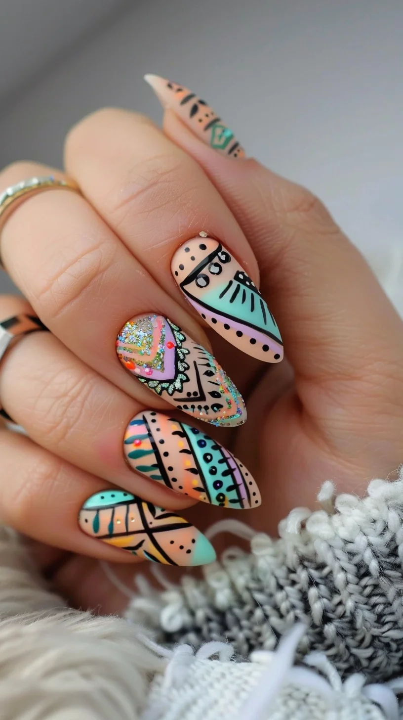 Elegant boho nails featuring a soft peach base, adorned with intricate patterns of teal, black, and orange, and highlighted with one nail in sparkling glitter and rhinestone embellishments.