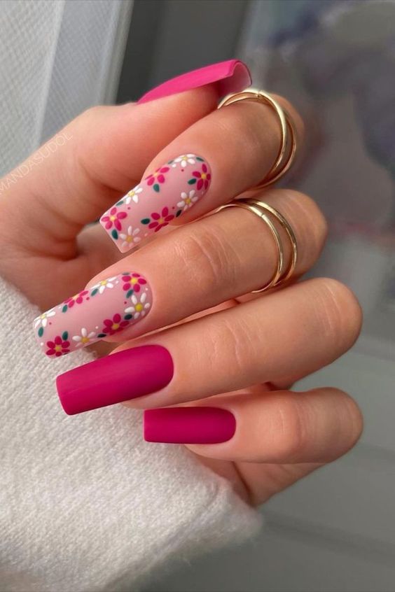 Pink Nails -  Floral Design