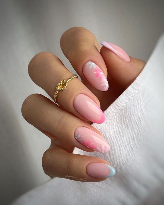 shiny nude nails with flowers