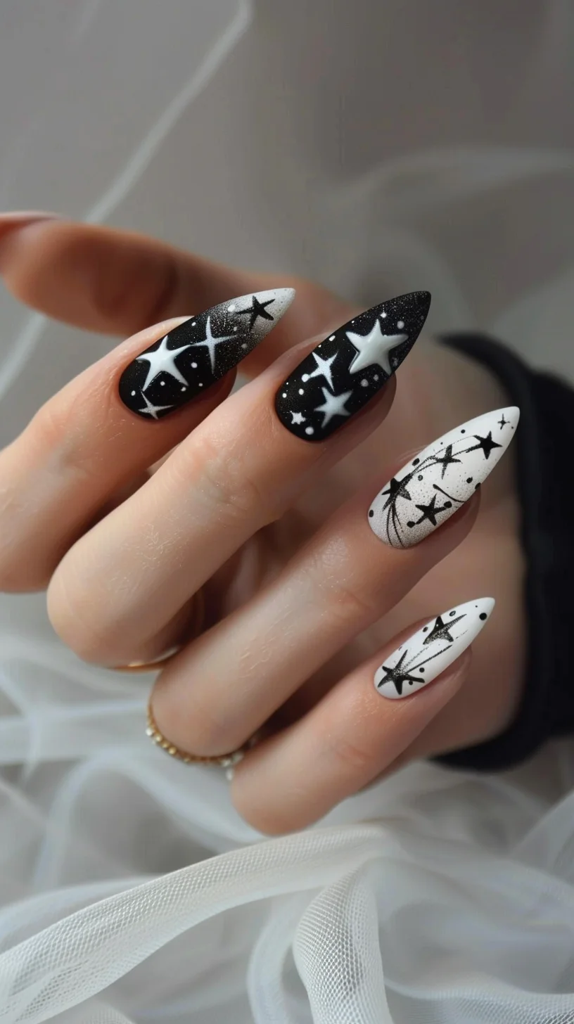 These nails make a bold statement with a striking contrast of black and white. The black nails are adorned with white stars, creating a classic celestial pattern, while the white nails feature a black starry design, giving the set an edgy yet balanced duality. The mix of solid and outlined stars adds visual interest.