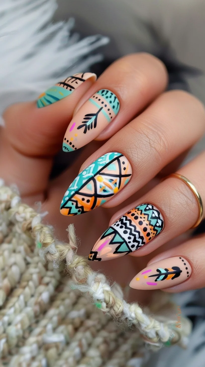 Bright and playful nails featuring a cream base with a variety of boho-inspired patterns in black, aqua, orange, and pink, each nail boasting its own unique design with tribal motifs and accents.