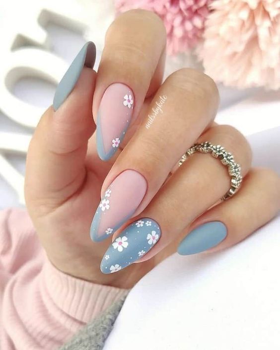 blue and nude bloom nails