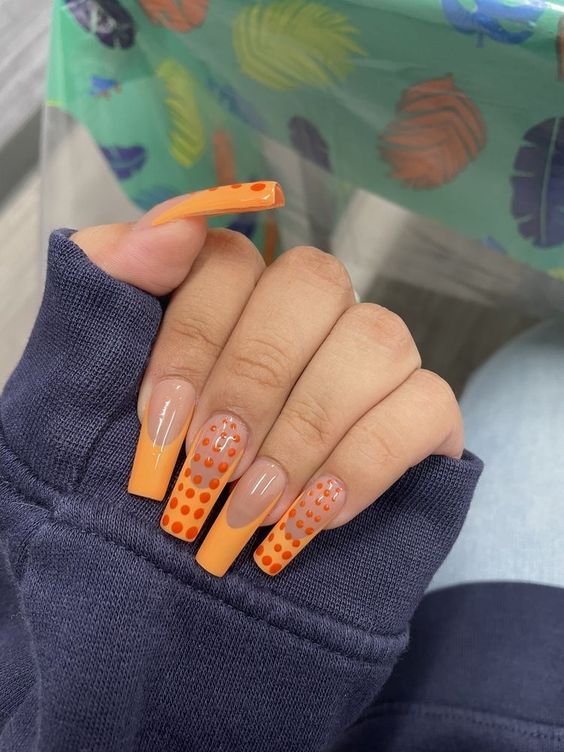 Orange Nails  - Polka Dot Orange