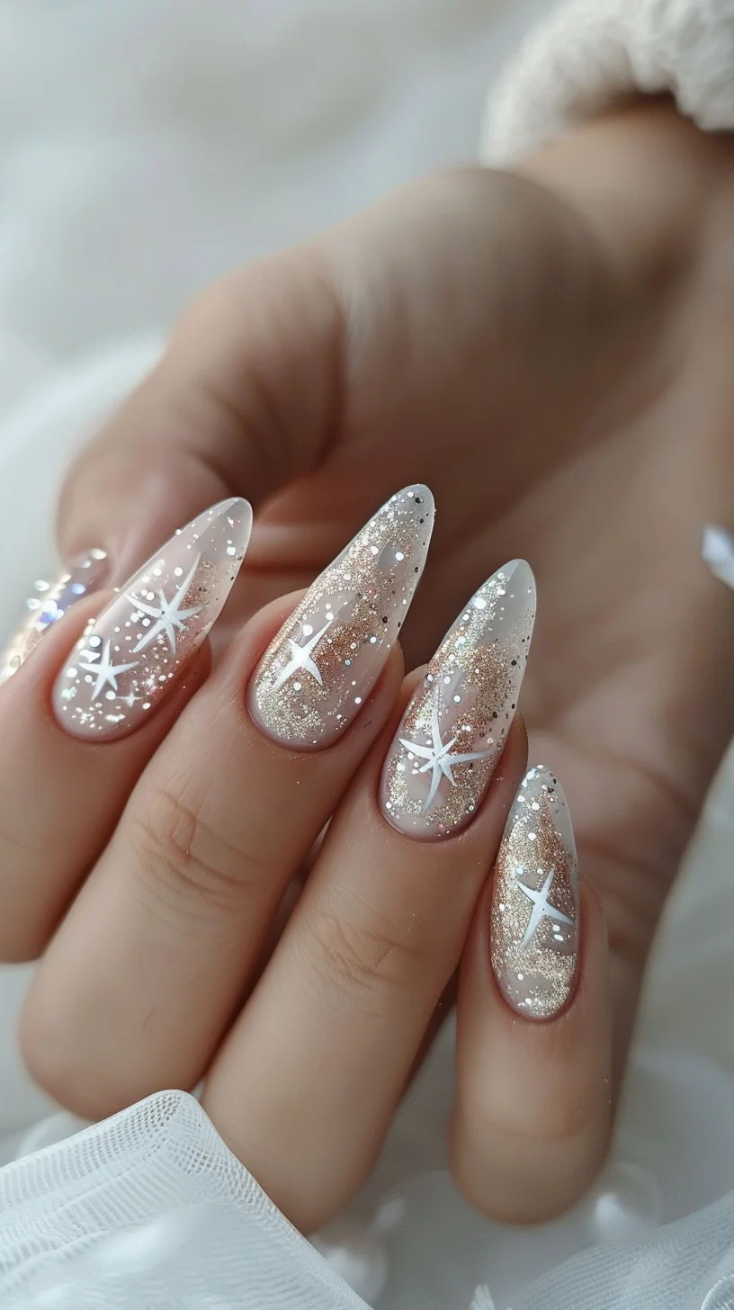 The nails feature a delicate almond shape with a sparkling fade from a nude base to glittery tips. White stars, detailed with fine lines, are expertly placed to create a festive snowflake-like pattern. The overall look is one of understated glamour, perfect for a wintry celebration.