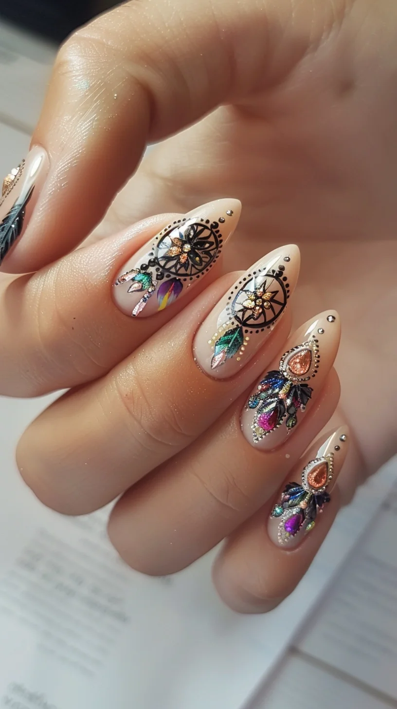 These nails combine elegance with bohemian charm, featuring a nude base adorned with dreamcatchers, black detailing, and jewel-tone accents, enhanced with tiny gold beads and shimmering stones.