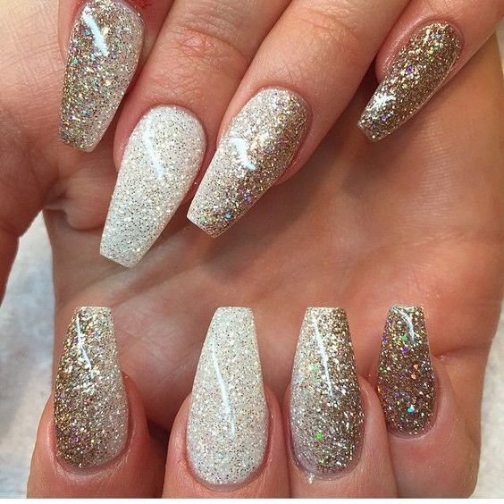 Coffin Silver Glitter Glam Nails