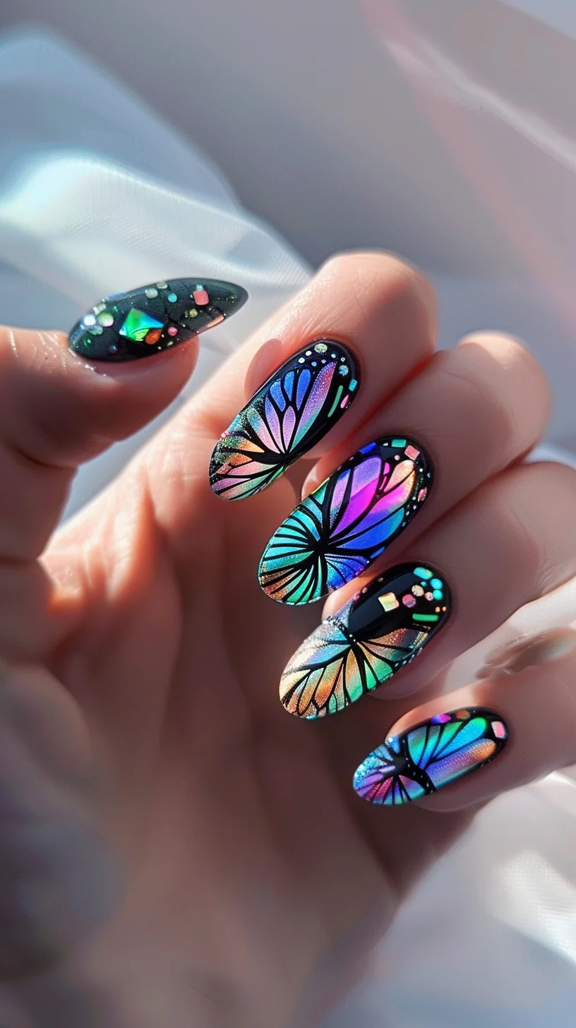 These nails feature an enchanting deep black base that dramatically sets off vibrant butterfly wings, each painted with a stunning gradient from pink to blue. The wings are detailed with glowing neon outlines, and sporadic holographic glitters mimic the magical pixie dust, giving a celestial night sky effect.