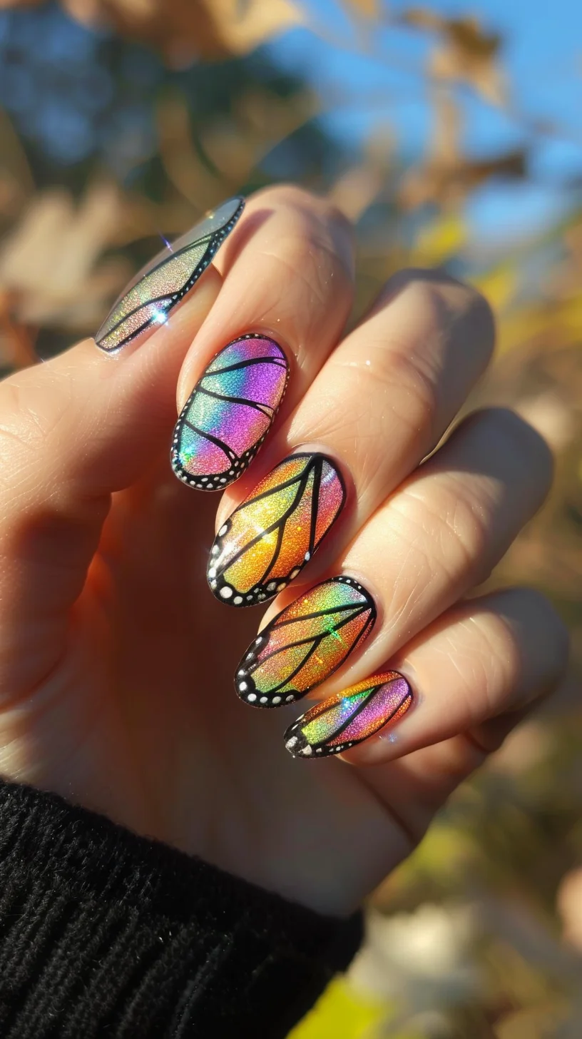 Reflecting an autumn fairy’s vibrant path through the forest, these nails boast butterfly wings with a spectrum of autumnal colors from warm yellows to deep purples. The holographic base accentuates each color, giving the appearance of wings fluttering through a shimmering landscape.