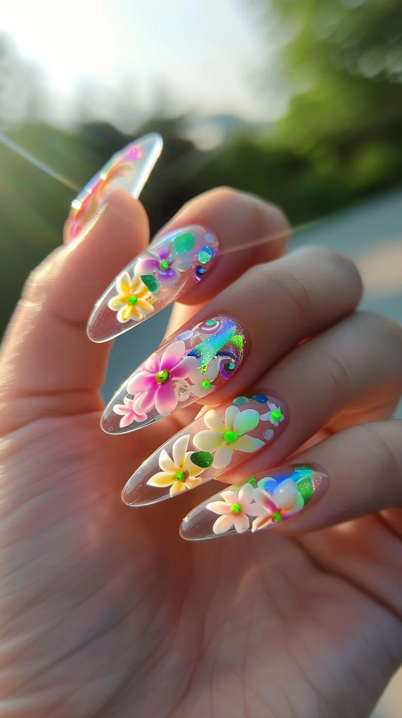 This nail art design embodies the playful and gentle nature of a spring fairy. The clear, glossy base is adorned with 3D flowers in pastel shades of pink, white, and green. Small beads and iridescent flakes add twinkles of fairy dust, enhancing the overall whimsical and delicate floral theme.