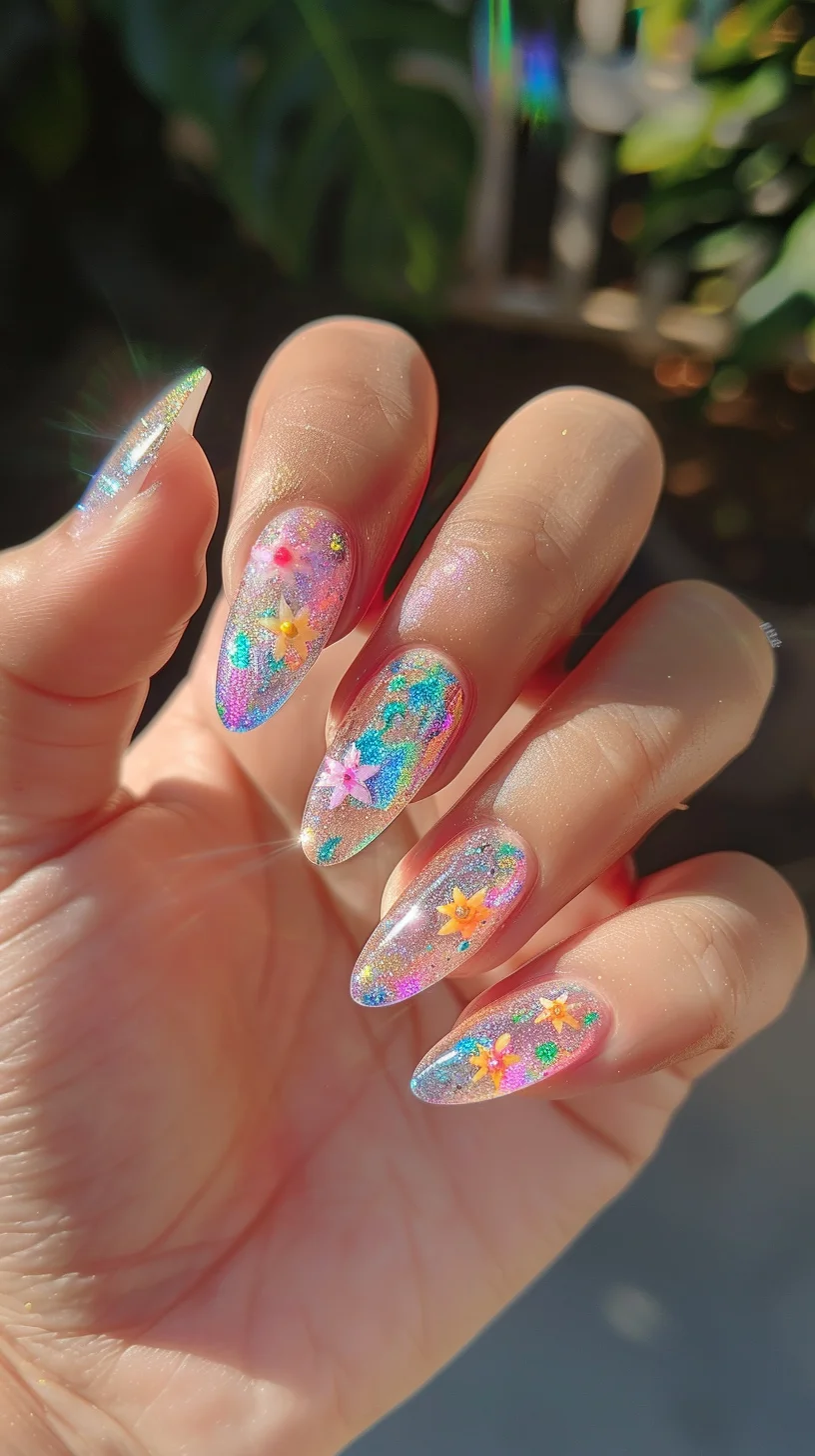 This enchanting design captures the magical essence of fairy dust. The nails boast a transparent base filled with fine holographic glitters that sparkle with every movement, adorned with colorful star and flower sequins that mimic the vibrant colors of a fairy's enchanting garden.