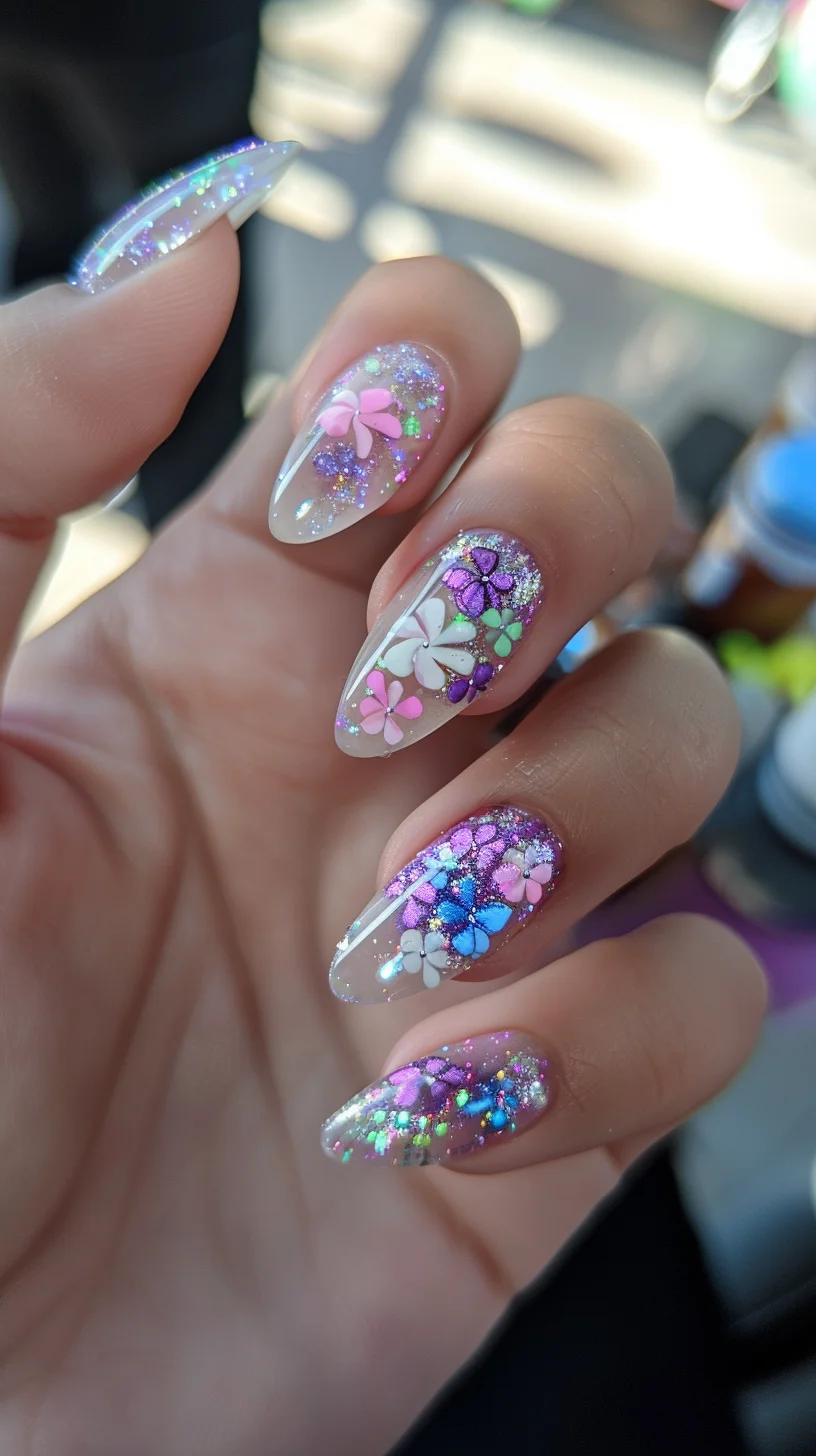 Perfect for a fairy who loves spring, these nails feature a clear base with clusters of tiny, intricate flowers in shades of pink, blue, and violet. Each flower is surrounded by a halo of glitter, giving the appearance of flowers blooming in the early dew of a magical meadow.