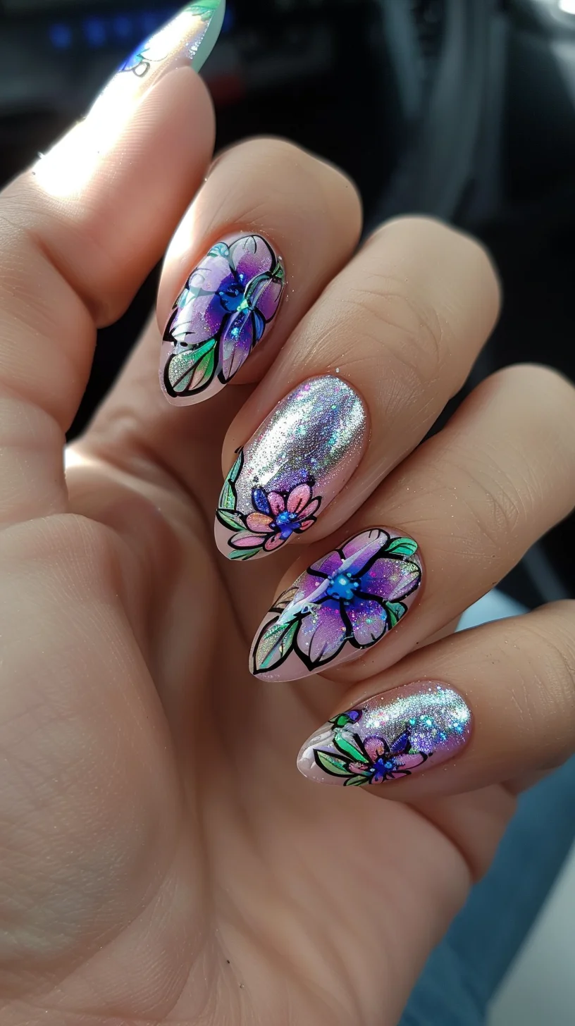 This design offers a glimpse into a fairy's dance among the flowers. The nails display a holographic shimmer as a backdrop to hand-painted blue, pink, and purple flowers. Each petal is outlined in black to enhance the vibrancy of the colors, with subtle glitter adding a touch of sparkle reminiscent of a fairy’s whimsical charm.