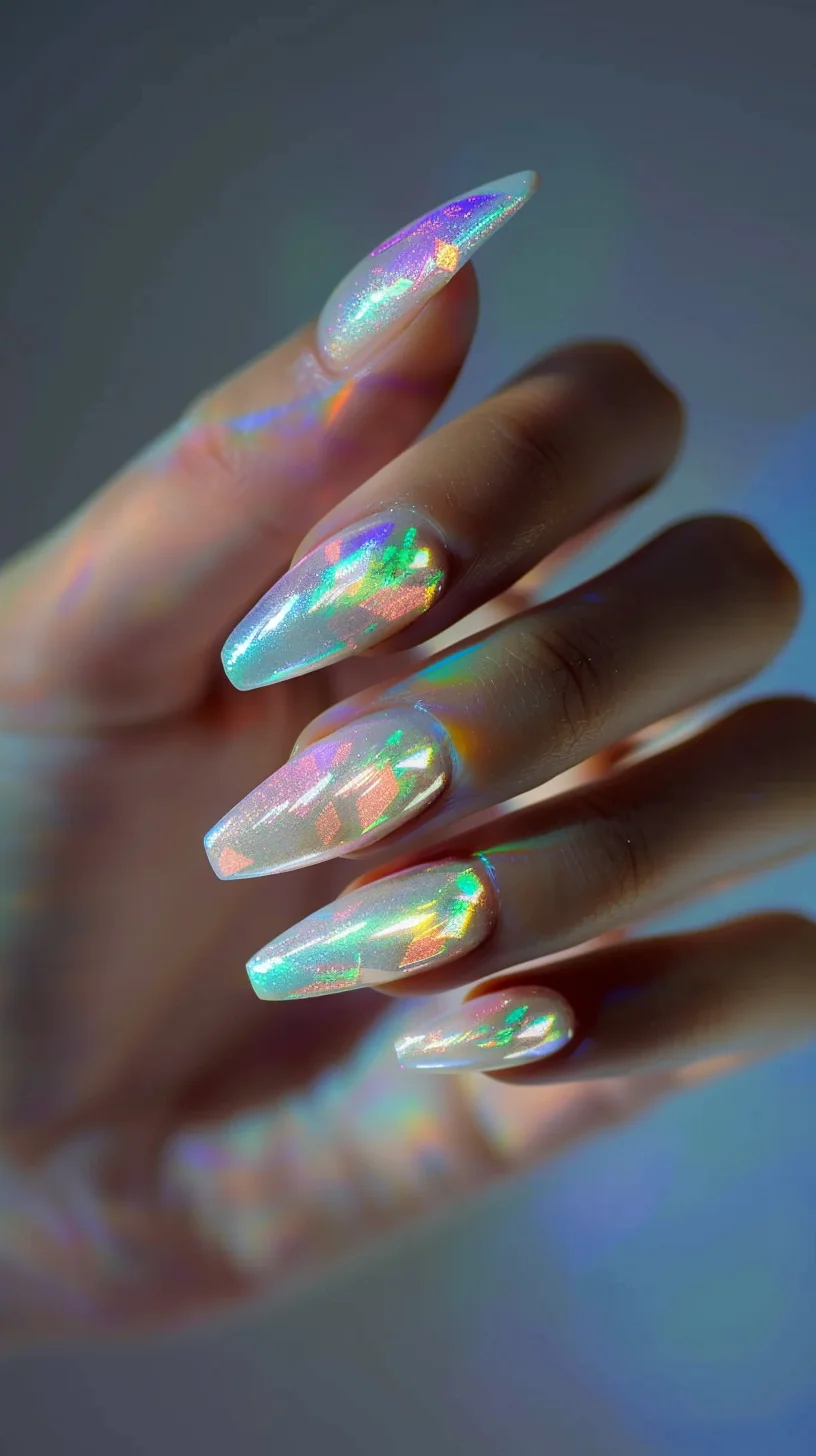 This design showcases a magical display of iridescence with a holographic base that captures light and reflects a spectrum of colors. The simplicity of the high gloss, clear coating enhances the natural beauty of the holographic effect, akin to a fairy's ethereal glow in the mystical light.