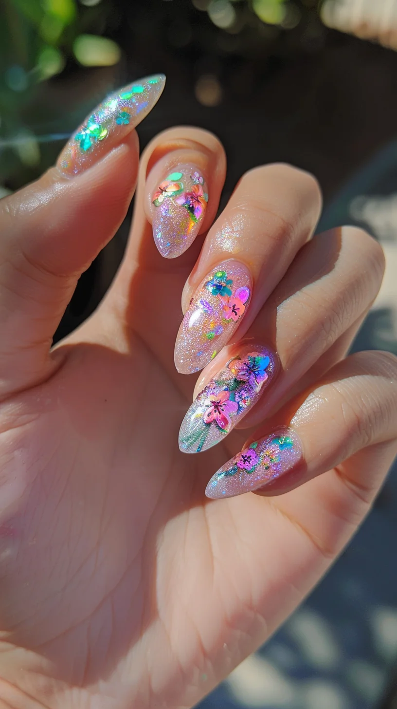 Bright and lively, these nails feature a sparkling base adorned with vivid floral prints in shades of pink, blue, and green. Each nail is a canvas for tiny, detailed flowers, resembling a fairy’s vibrant garden. The design is accentuated with glitter and sequins, adding a playful and magical touch.