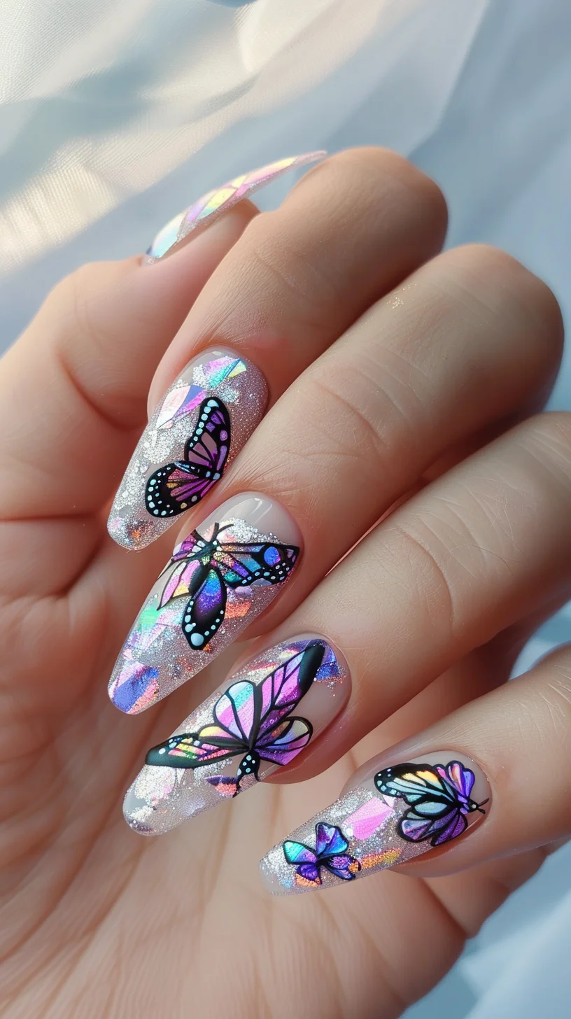 With a dreamy backdrop of shimmering white and pink glitter, these nails cast a spell with their butterfly wing designs that blend shades of purple and blue. Each wing is meticulously detailed with black borders and white speckles, evoking the delicate grace of fairy wings under a moonlit glow.