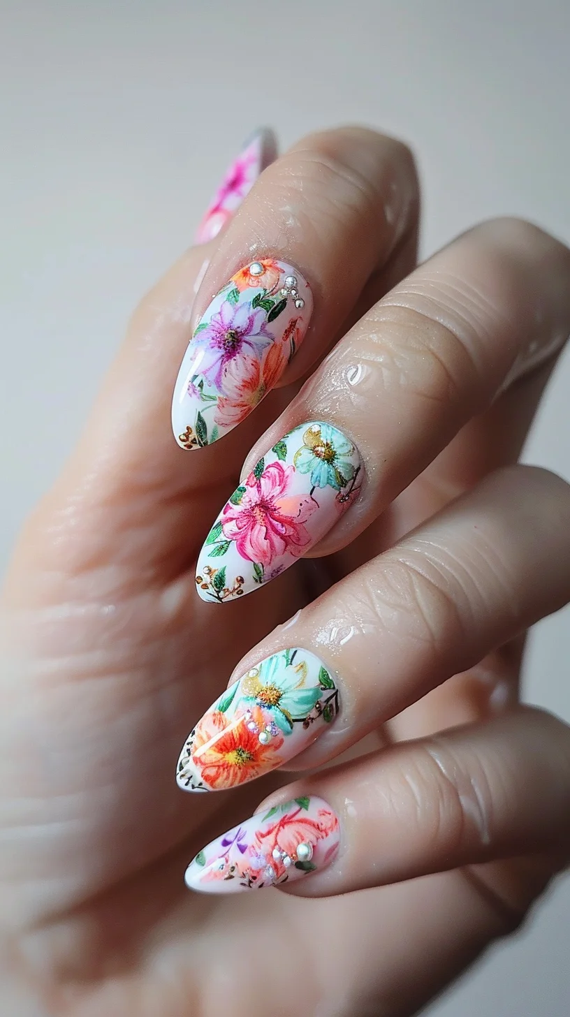 These nails are painted with a delicate array of watercolor flowers, providing a soft, dreamy look. The blossoms, rendered in shades of pink, orange, and blue, are detailed with fine black outlines and tiny beads for centers, simulating morning dew. This intricate design whispers of a fairy's gentle touch in a spring garden.