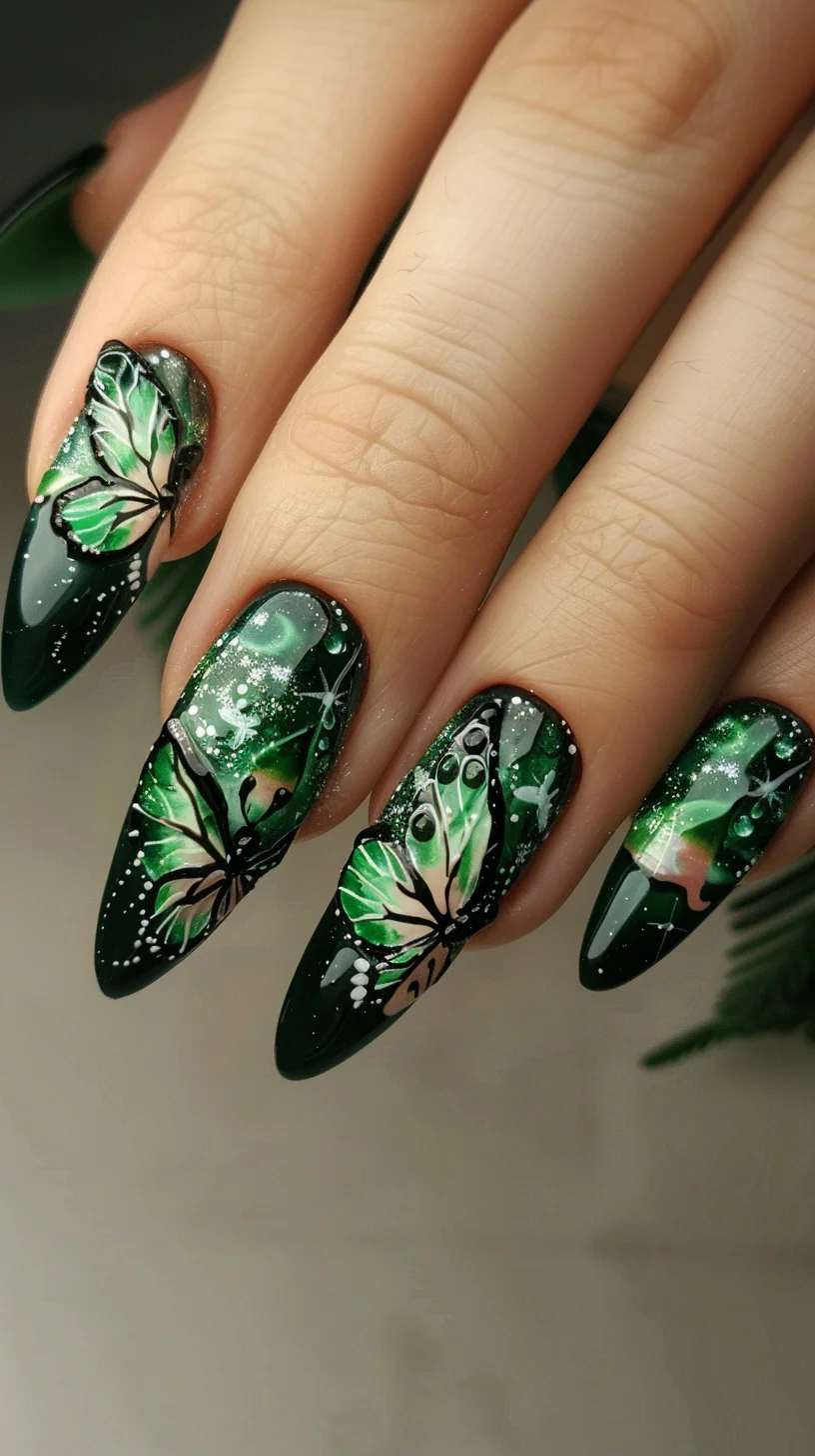 These nails evoke the depth of an enchanted forest with their rich, dark green base, adorned with vibrant green butterfly wings that seem to flutter with life. Tiny white dots simulate distant stars or fireflies, adding a magical sparkle, while subtle gradients suggest a mystical glow hidden within the forest shadows.