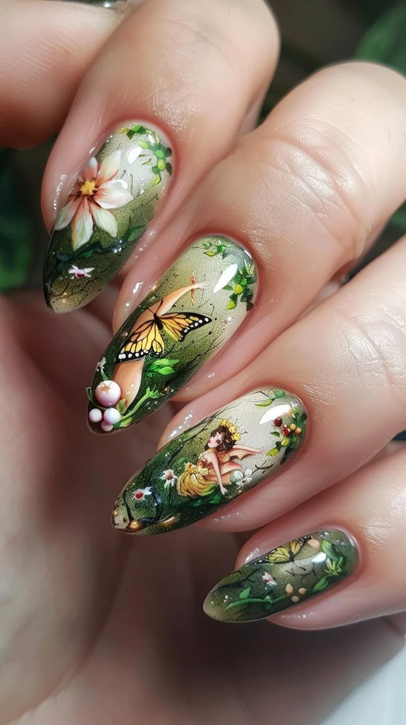 Delicate and detailed, this design features a woodland scene complete with a fairy sitting amidst flora and fauna. The earthy background serves as a perfect canvas for the vibrant colors of flowers and the golden butterfly, creating a narrative that a fairy might whisper in the quiet of a lush, green forest.