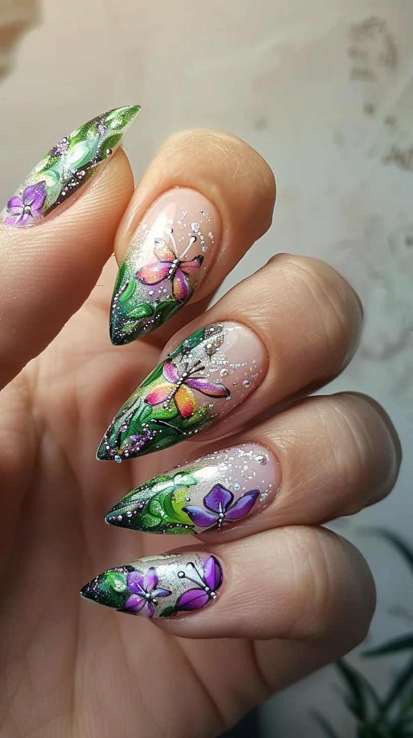 This design captures the essence of spring with pastel floral patterns blooming over a soft gradient base. Detailed with shimmering dewdrops and bold strokes of green, the nails reflect the lively colors of a fairy’s garden. The subtle sparkle and gentle colors provide a serene and magical ambiance.