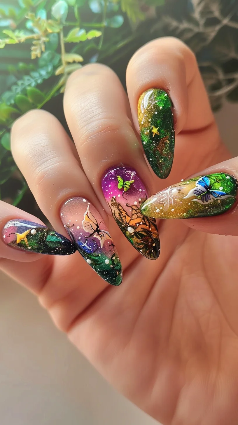 This nail design paints a story of a fairy's journey through the cosmos. Each nail showcases a different scene with vibrant, space-themed colors transitioning from dark green to purple and blue, dotted with stars and mystical symbols. The addition of small, whimsical creatures like butterflies and tiny fairies adds a lively and enchanting narrative element.