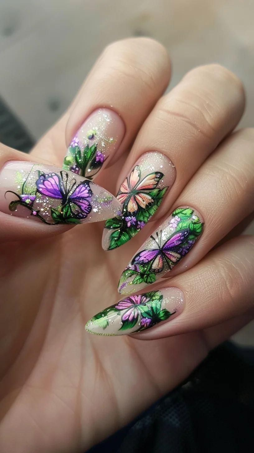 Reflecting a fairy’s vibrant home, this design features a variety of butterflies on a soft, clear base filled with lush green foliage and purple flowers. The butterflies, painted in realistic detail and rich colors, appear as if perched delicately on the nails, while tiny glitter particles add a magical sparkle, enhancing the garden-like atmosphere.