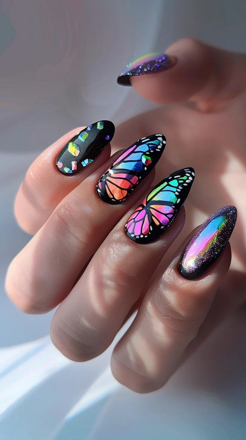 These nails offer a whimsical tour through a fairy-tale galaxy with their sparkling holographic polish and striking butterfly overlays. The contrast of the colorful butterfly wings against the mysterious black nails with chunky glitter gives a magical, star-studded night sky effect.