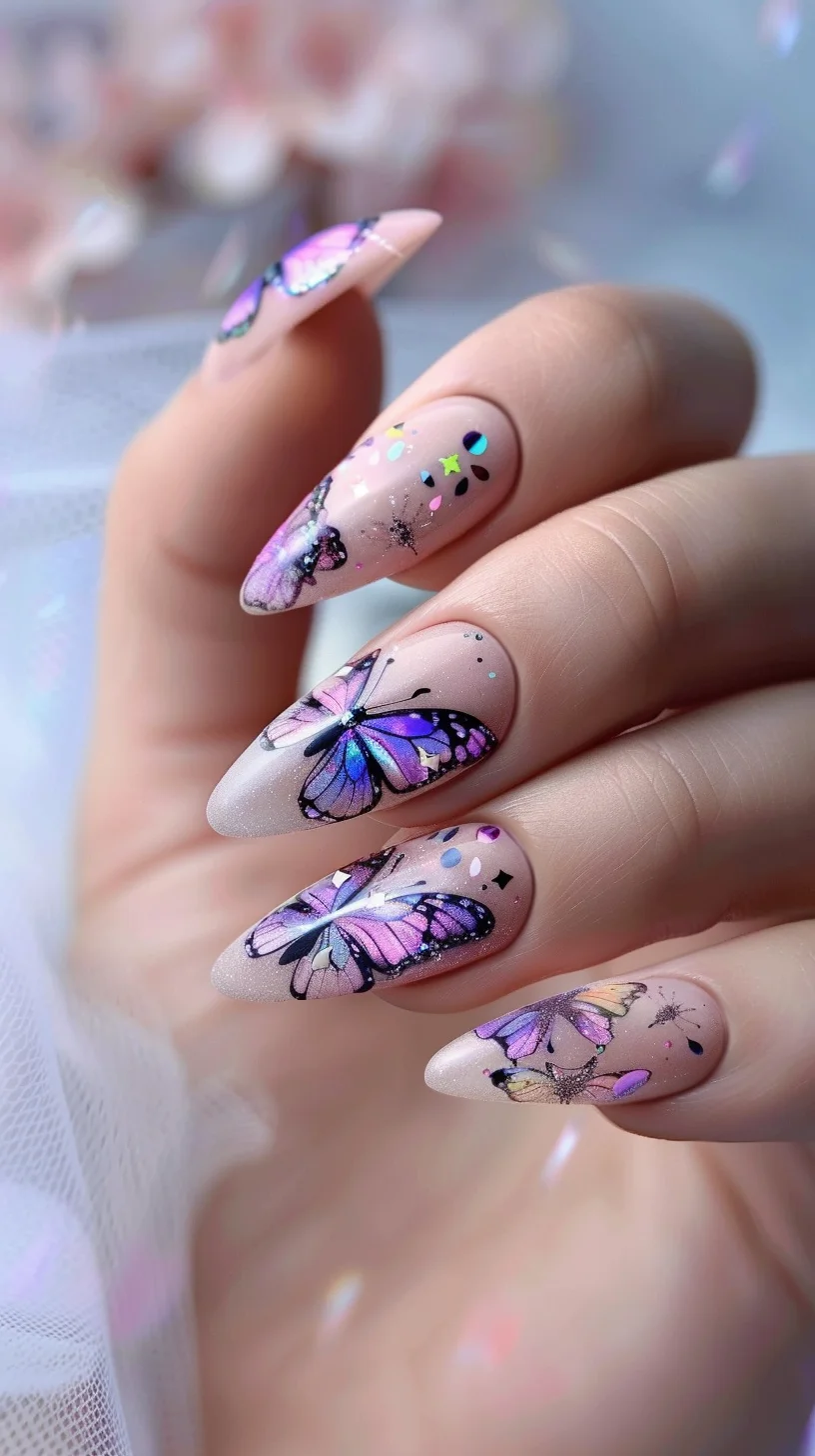 Capturing the soft serenity of a fairy’s world, these nails feature a milky pink base sprinkled with delicate glitter, providing a dream-like atmosphere. Pastel butterfly wings with hints of purple and blue are adorned with playful neon accents and tiny stars, creating a magical wonderland on each nail.