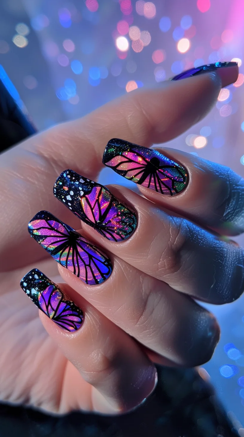 This nail art combines the allure of a dark starry night with the enchantment of fairies, featuring a deep, rich black base. Each nail is adorned with vivid, shimmering butterfly wings in a radiant gradient of pink, purple, and blue. The inclusion of fine glitter mimics a distant galaxy, enhancing the mystical fairy theme.