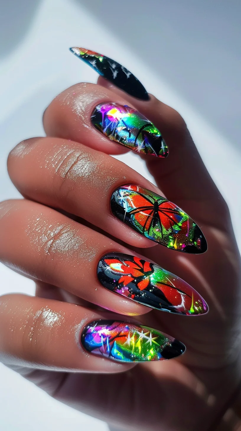 Vibrant and visually striking, these nails showcase a brilliant play of holographic effects and vivid colors. Black nails serve as the canvas for bright, iridescent butterfly wings that reflect multiple hues, interspersed with twinkling stars. This design captures the essence of a magical fairy garden illuminated under the sun.