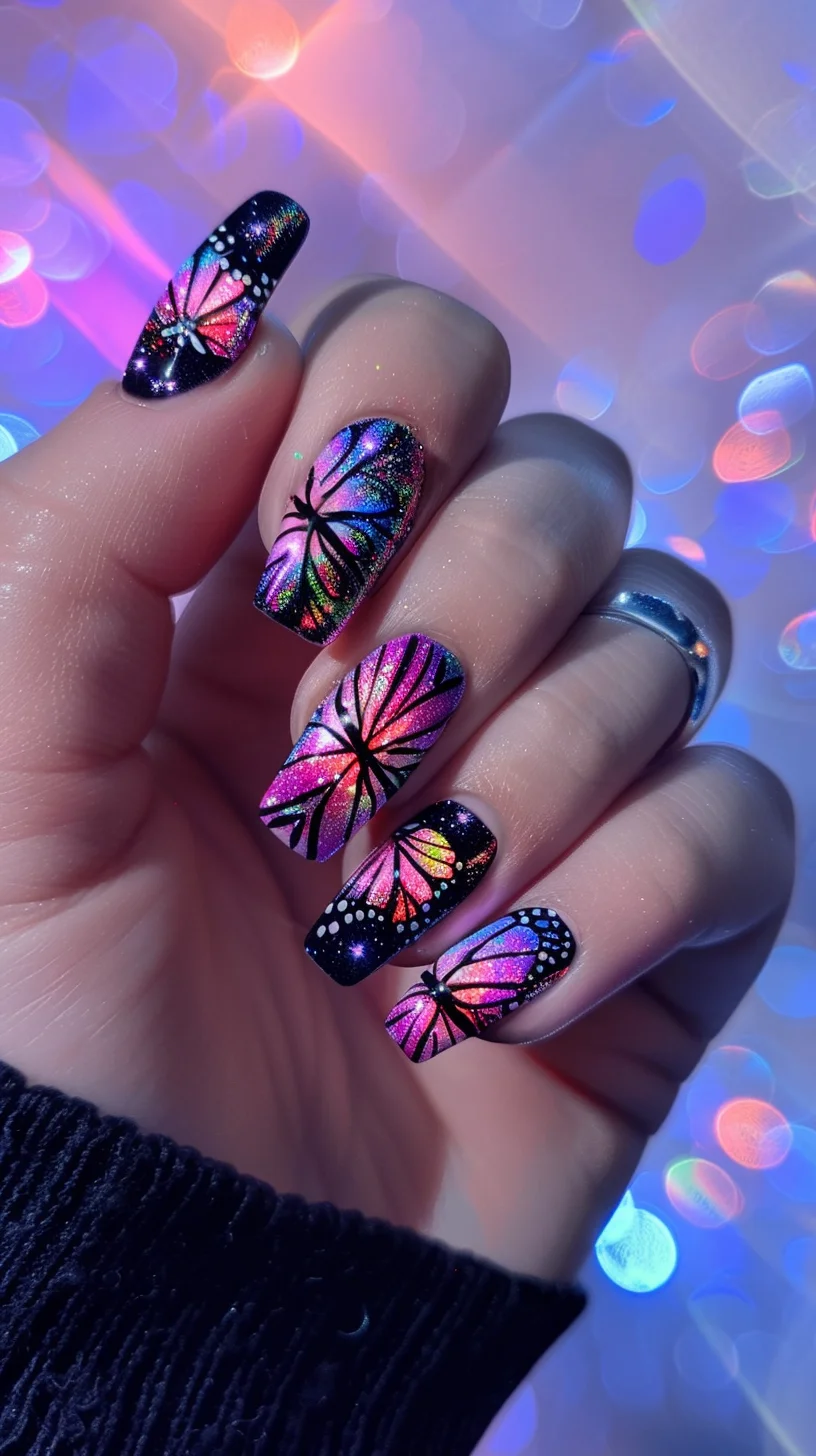 This design blends the mystery of twilight with the sparkle of fairy dust. The nails start with a glossy black base, transitioning into vibrant butterfly wings adorned with pink and purple gradients. The addition of white dots and micro-glitters across each nail enhances the twinkling star-like effect, reminiscent of a fairy's enchanting trail.