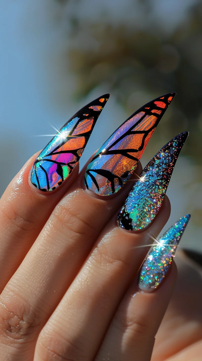 Capturing the essence of a fairy's presence in autumn, these nails feature a mesmerizing blend of warm orange and cool blue hues on butterfly wings. The base is a dynamic holographic polish that catches the light, simulating the sparkling surface of a magical fairy pond under the autumn sun.