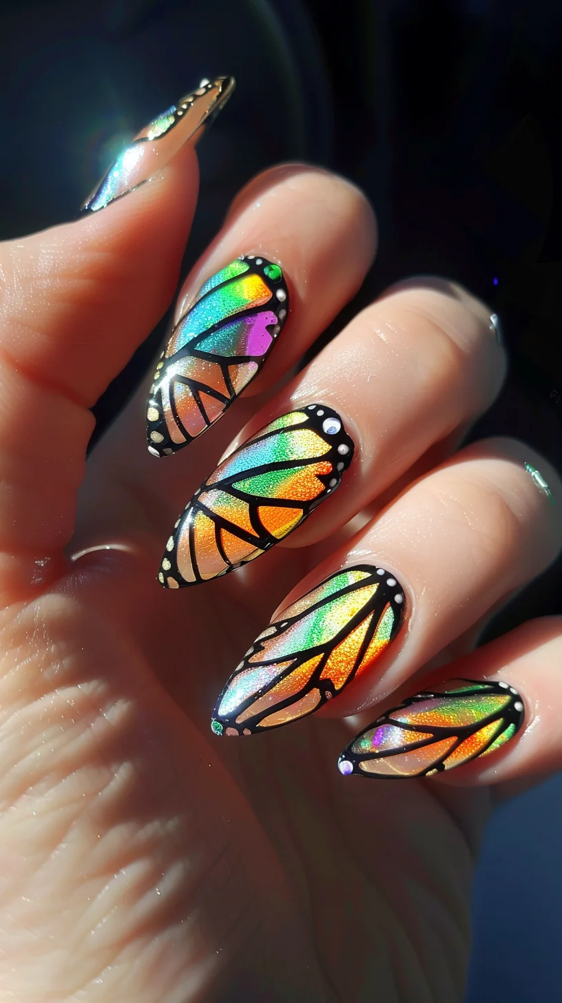 This design captures the essence of a fairy-tale sunset with wings that glow like the evening sun. The holographic polish serves as a brilliant backdrop, featuring butterfly wings in hues of yellow, orange, and fiery red, outlined in black. The wings shimmer with iridescent glitter, suggesting a dance of light at dusk.