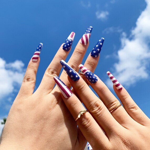 Flag color long holiday nails