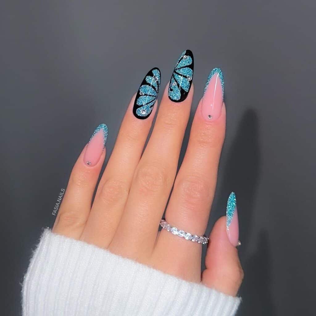 Glitter Blue Butterfly and Black Nails