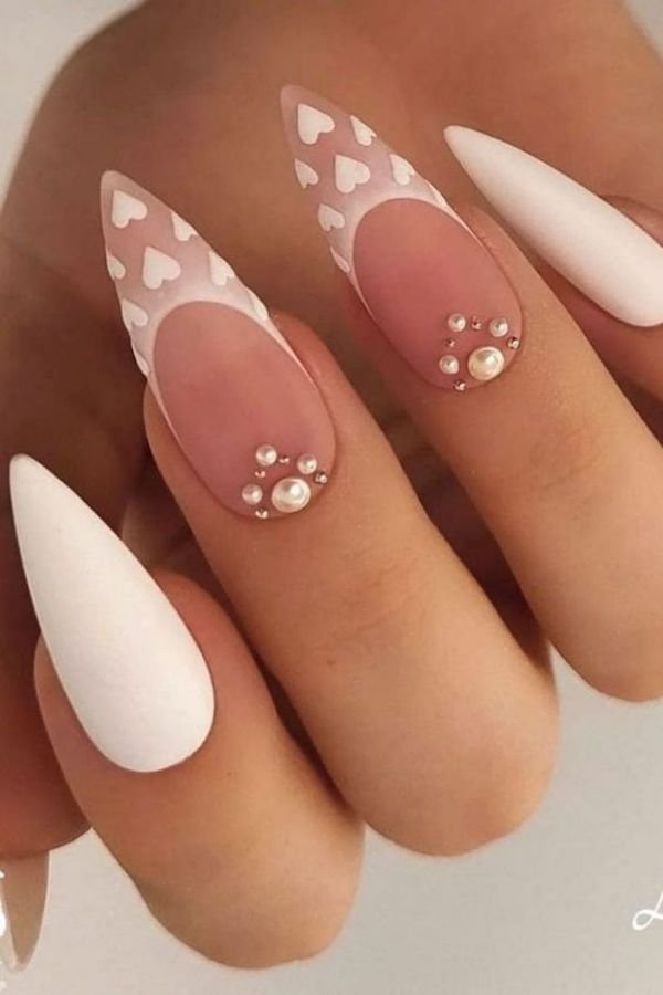 Rhinestone white French tips Valentine-Day-Nail