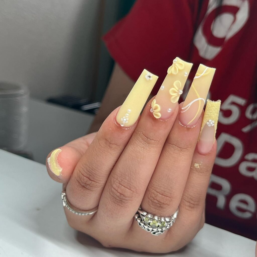 Long Yellow nails with 3D Flowers Decals and Diamond Rhinestones