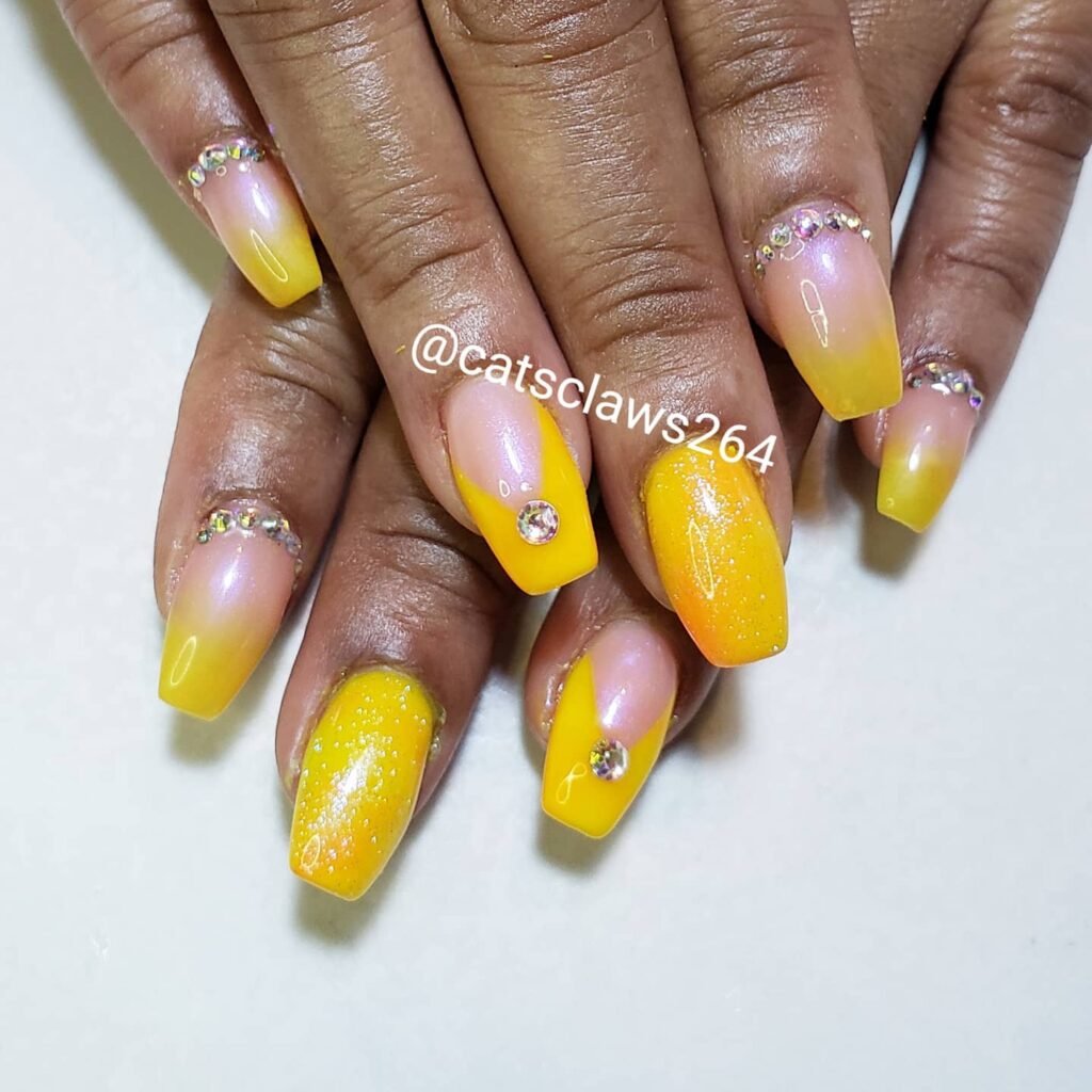 Rhinestone Glitter Yellow Tip Ombre Nails Design: